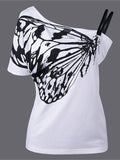 Women's Butterfly Print One Shoulder Casual Tops - WealFeel