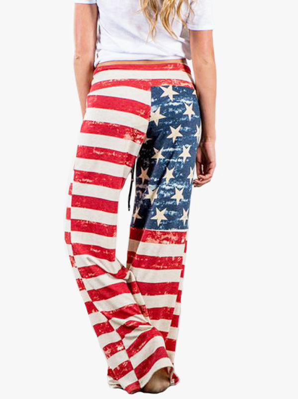 Women Wide Leg High American Flag Print Trousers - WealFeel