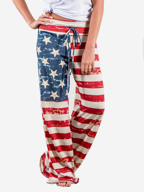 Women Wide Leg High American Flag Print Trousers - WealFeel