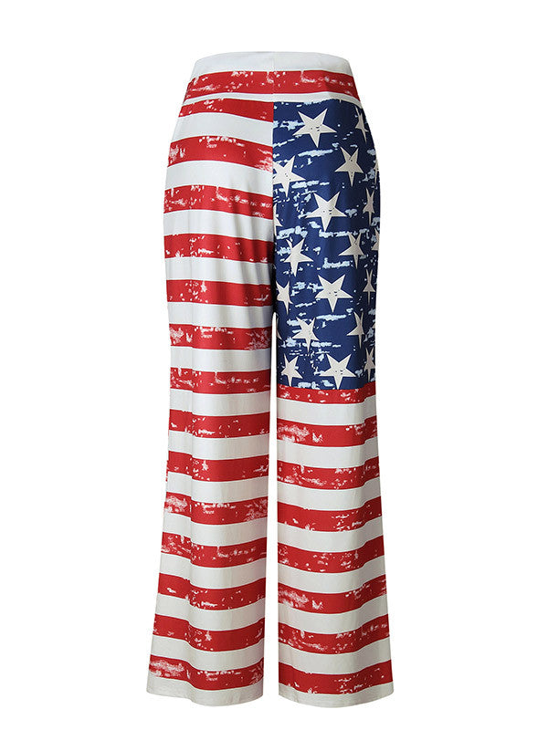 Women Wide Leg High American Flag Print Trousers - WealFeel