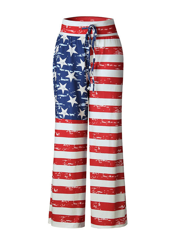 Women Wide Leg High American Flag Print Trousers - WealFeel
