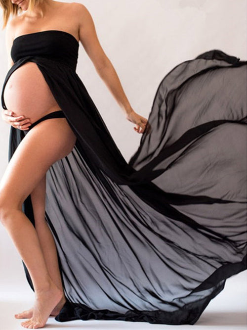 Off Shoulder Slit Front Long Dress For Pregnant Women - WealFeel