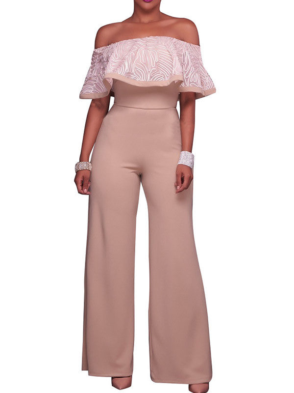 Women Off Shoulder Ruffle Long Wide Leg Rompers - WealFeel