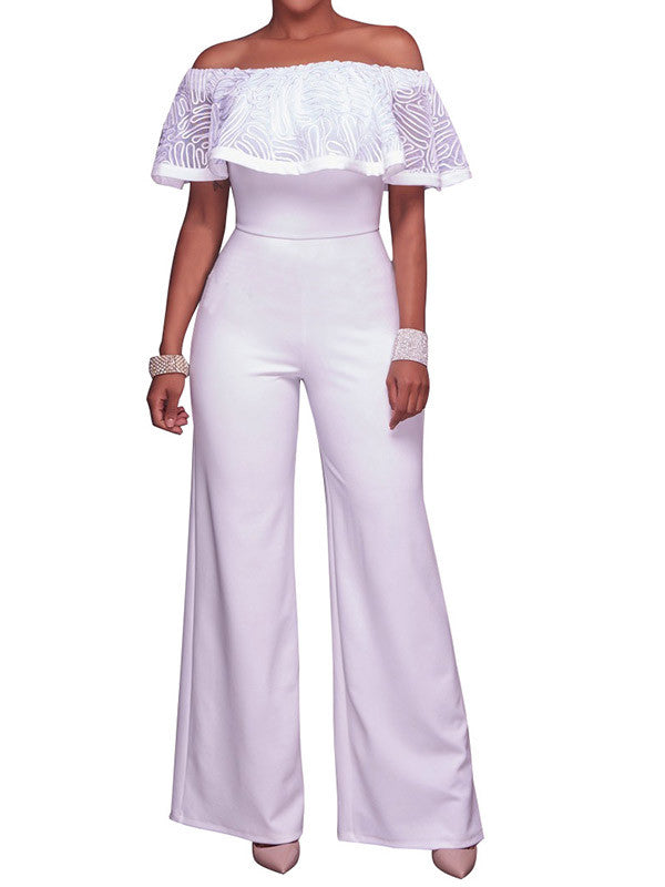 Women Off Shoulder Ruffle Long Wide Leg Rompers - WealFeel