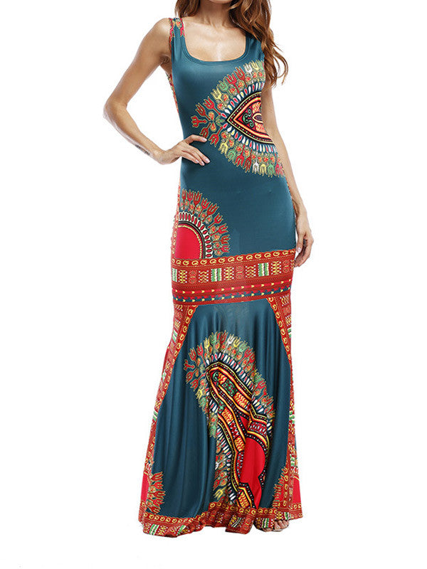 Women Sleeveless Print Beach Maxi Dress - WealFeel