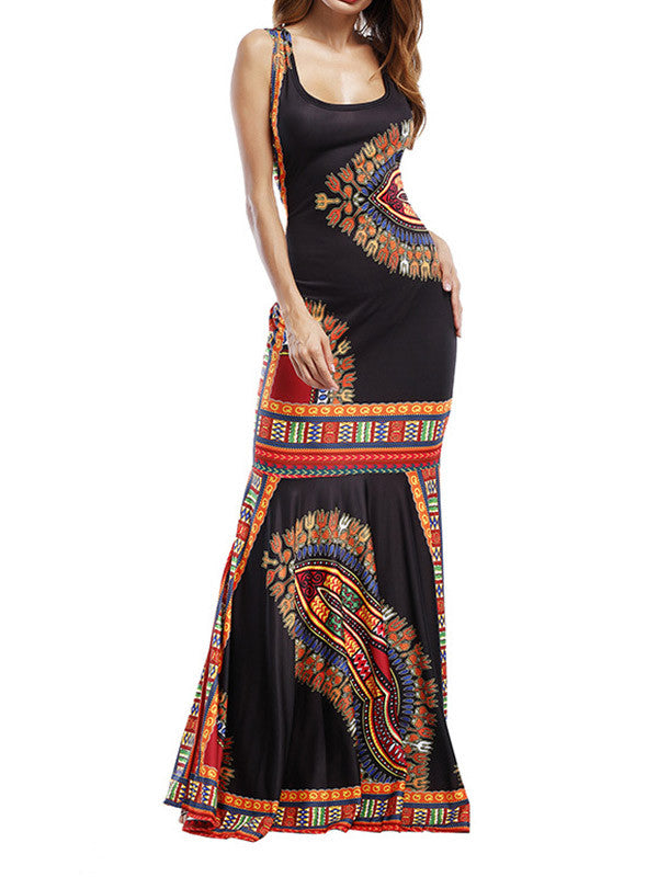 Women Sleeveless Print Beach Maxi Dress - WealFeel