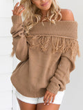 Women Off Shoulder Long Sleeve Tassel Sweater - WealFeel