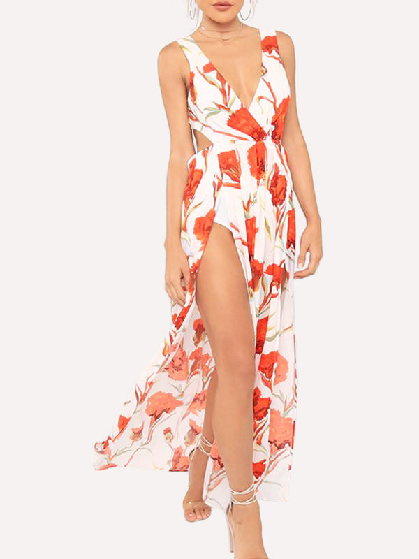 Women Floral Sleeveless Backless Side Split Maxi Dress - WealFeel