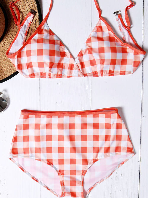 Pattern Plaid High-waisted Bikini Sets - WealFeel