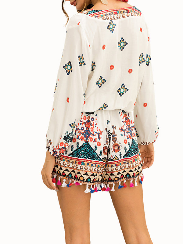 V-neck Printing Cropped Sleeves Jumpsuit - WealFeel