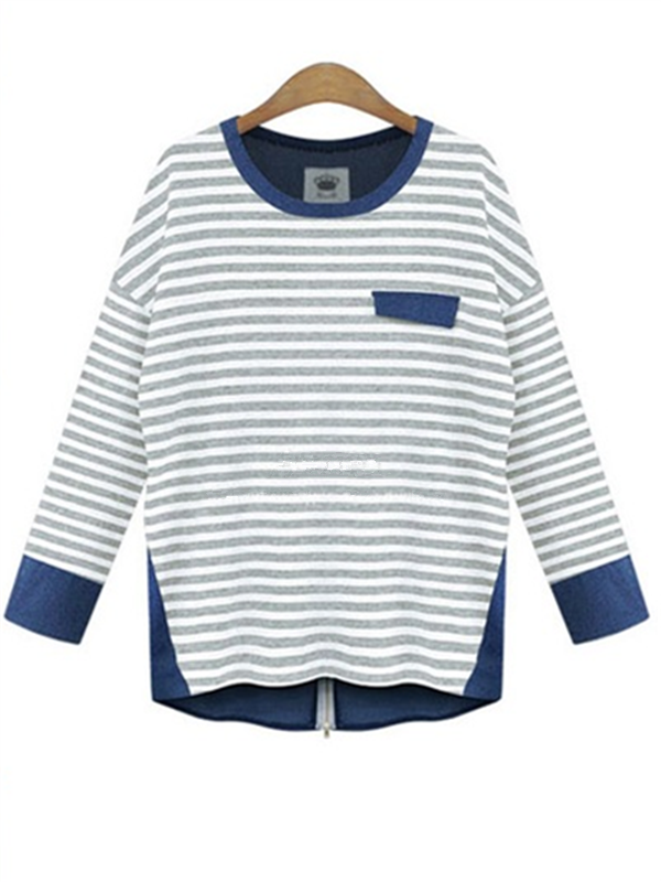 Long-sleeved Denim stitching Striped T-shirt - WealFeel