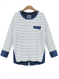 Long-sleeved Denim stitching Striped T-shirt - WealFeel
