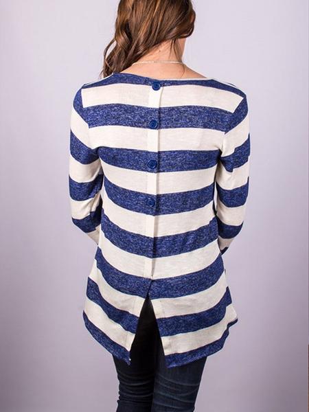 Casual Long Sleeve Back Button Striped T-shirt - WealFeel
