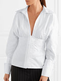Women's Long-sleeved Casual Shirt Solid Color Deep V-neck Top - WealFeel