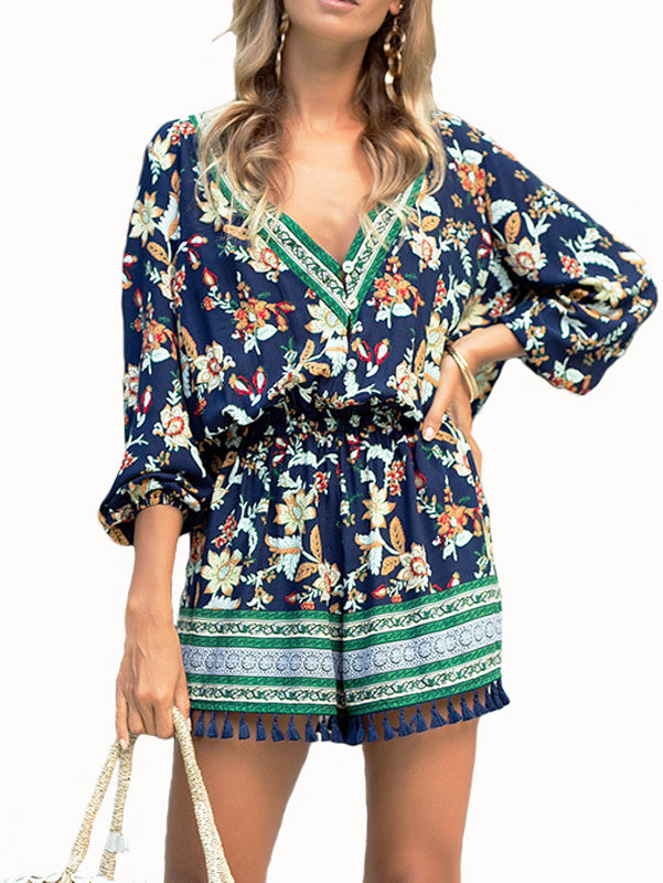 V-neck Printing Cropped Sleeves Jumpsuit - WealFeel