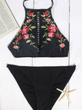 Black Embroidery Cut Out High Neck Halter Bikini Sets - WealFeel