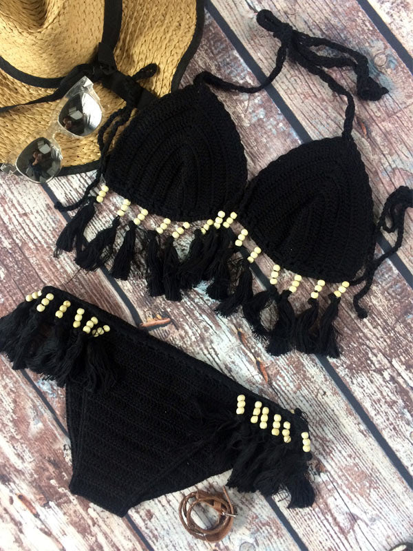 Sexy Pure Color Crochet Tassels Bikini Sets - WealFeel