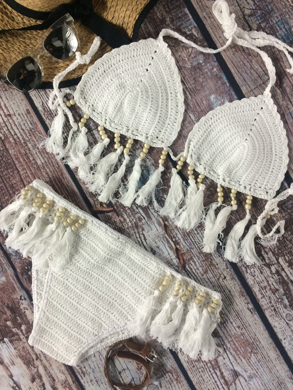Sexy Pure Color Crochet Tassels Bikini Sets - WealFeel