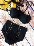 Black Lace Up Halter Bikini Sets - WealFeel