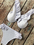 White Ruffle Deep V-neck Bikini Sets - WealFeel