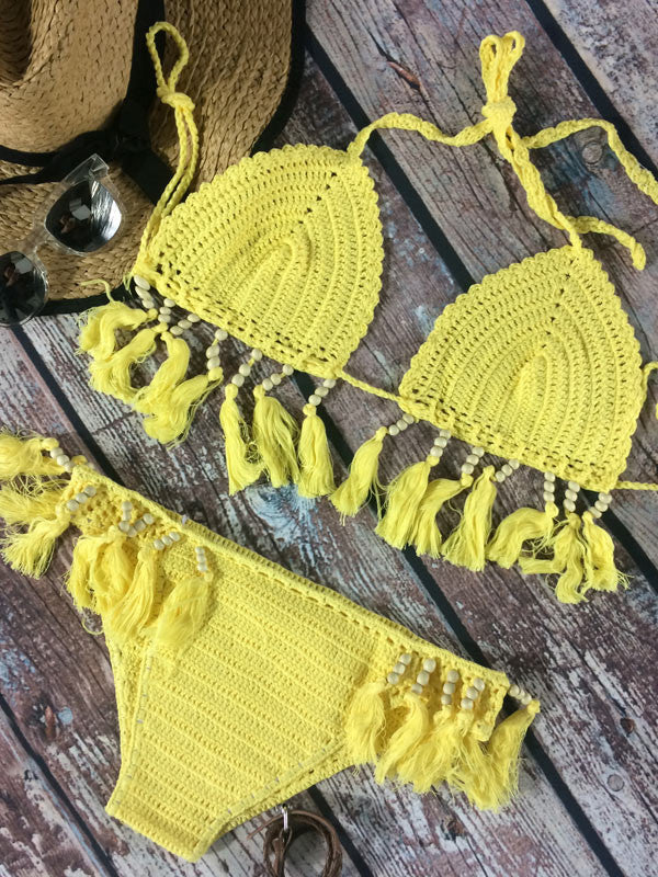 Sexy Pure Color Crochet Tassels Bikini Sets - WealFeel