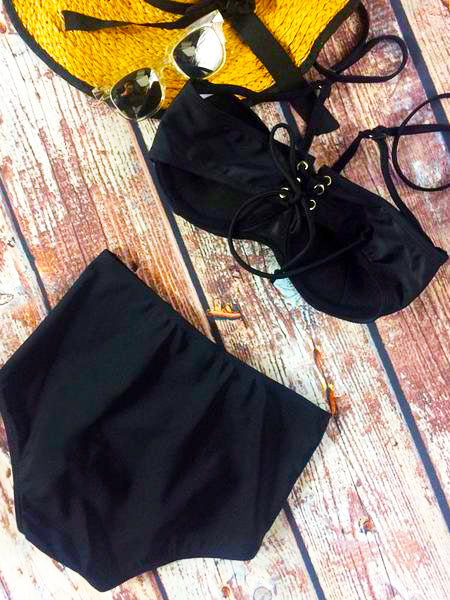 Black Lace Up Halter Bikini Sets - WealFeel