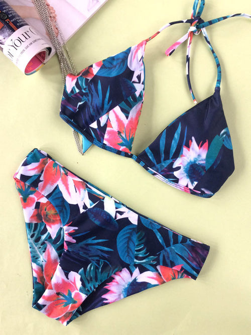 Floral Printing Triangle Splicing Bikini Set - WealFeel