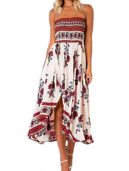Red Floral Print Strapless One Piece Dress - WealFeel