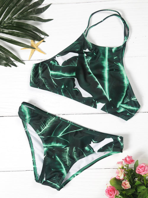 Green Leaves Pattern Cut Away Swimsuit - WealFeel