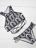 Black Printed Lace-up Bikini Sets - WealFeel