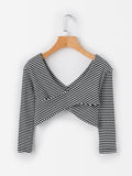 Striped Cross Umbilical Slim Knit Shirt - WealFeel