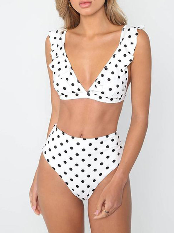 Black or White Dots Deep V-neck Swimsuit - WealFeel