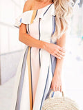 One Shoulder Ruffle Stripe Dress - WealFeel