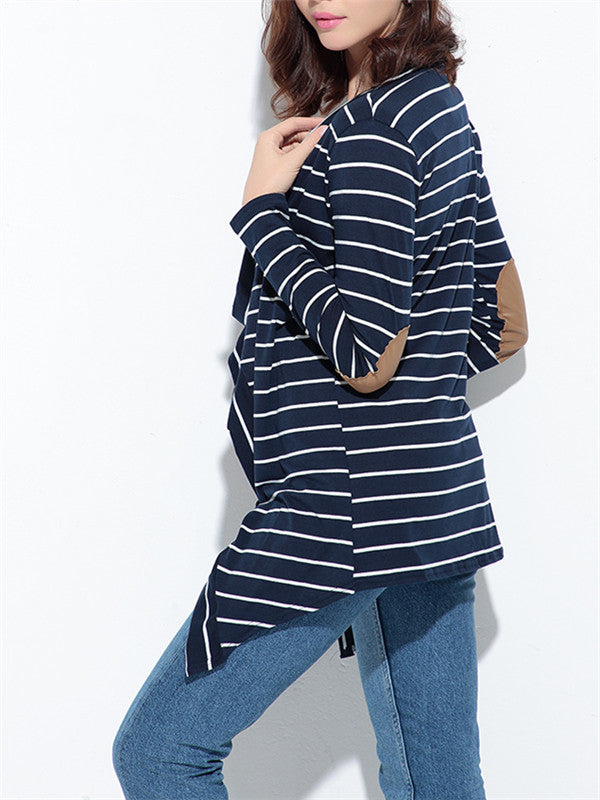 Striped Cardigan Top With PU Elbow Patch - WealFeel