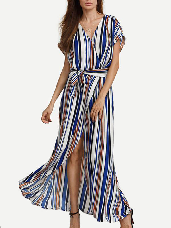 Women Stripe Front Slit Maxi Dress - WealFeel