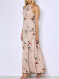 Retro Floral Print Sleeveless Halter Dress - WealFeel