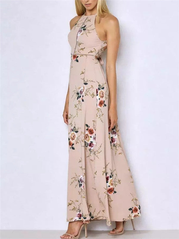 Retro Floral Print Sleeveless Halter Dress - WealFeel