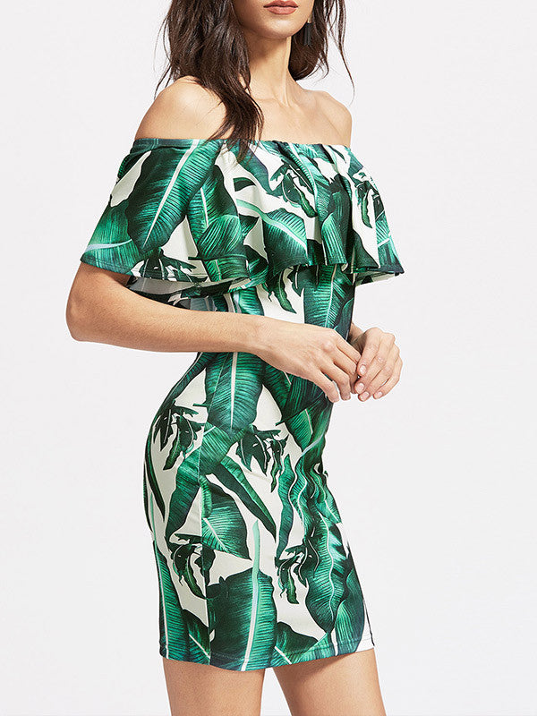 Women Off Shoulder Leaf Print Ruffles Mini Dress - WealFeel