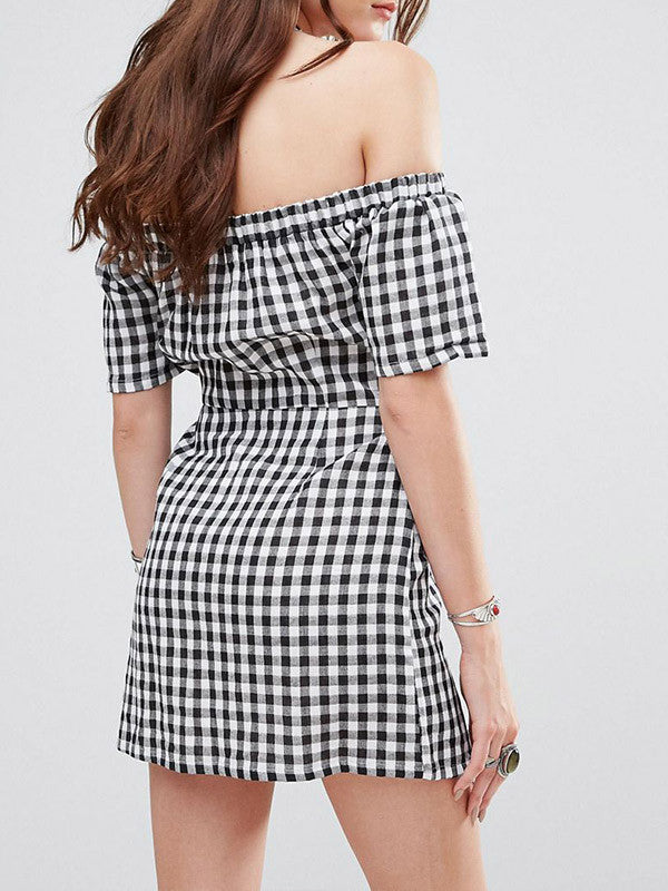White & Black Lattice Off Shoulder Front Tie Knot Dress - WealFeel