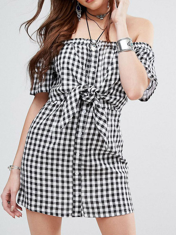 White & Black Lattice Off Shoulder Front Tie Knot Dress - WealFeel