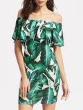 Women Off Shoulder Leaf Print Ruffles Mini Dress - WealFeel