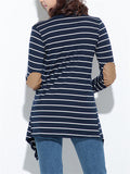 Striped Cardigan Top With PU Elbow Patch - WealFeel