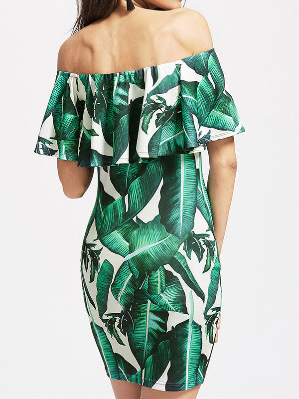 Women Off Shoulder Leaf Print Ruffles Mini Dress - WealFeel