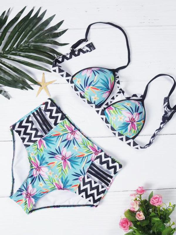 Pink Flower Green High Waist Swimsuit - WealFeel