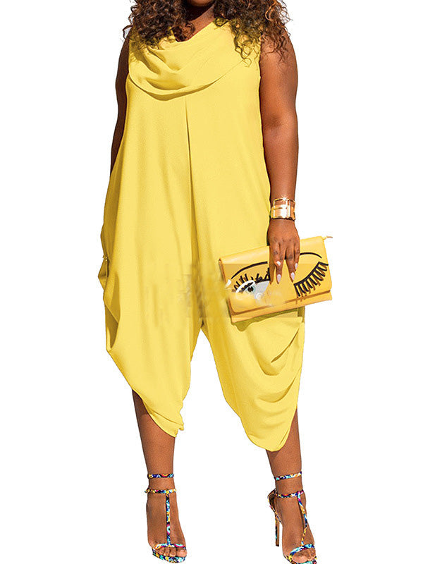Plus Size Solid Shawl Collar Jumpsuits - WealFeel
