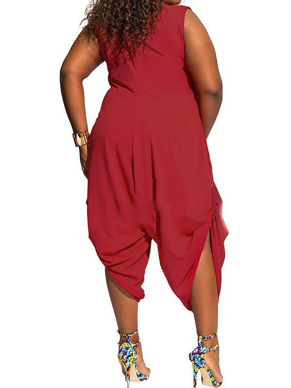 Plus Size Solid Shawl Collar Jumpsuits - WealFeel