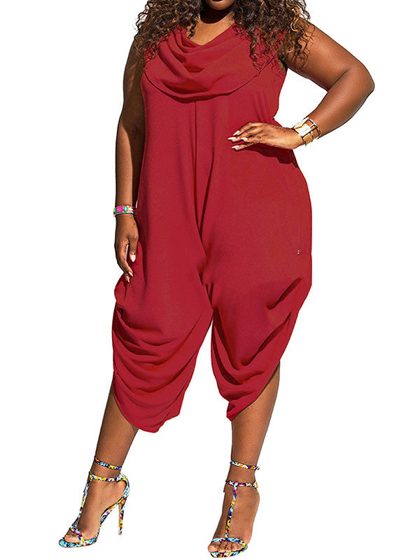Plus Size Solid Shawl Collar Jumpsuits - WealFeel