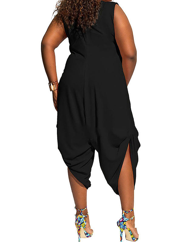 Plus Size Solid Shawl Collar Jumpsuits - WealFeel