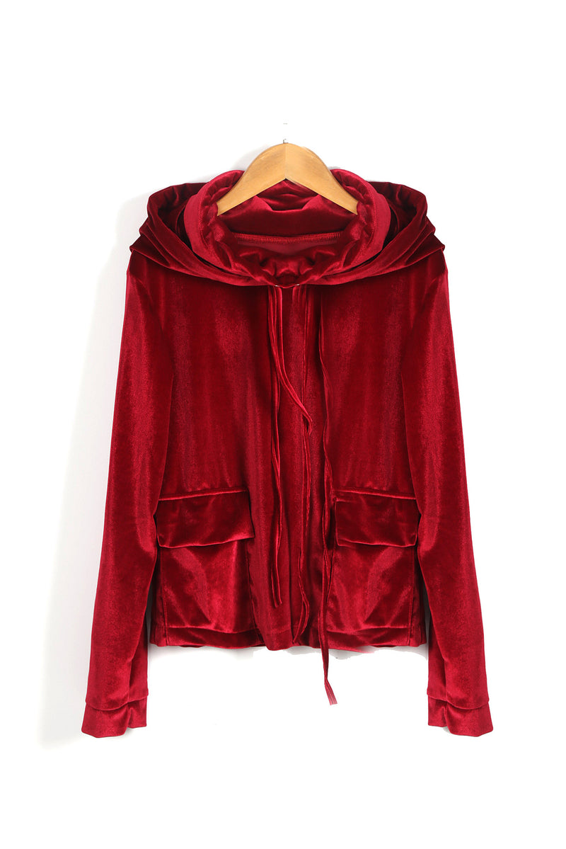 Wine Red Velvet Hooded Sweatshirt - WealFeel