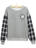 Gray Long Plaid Sleeves Sweatshirt - WealFeel